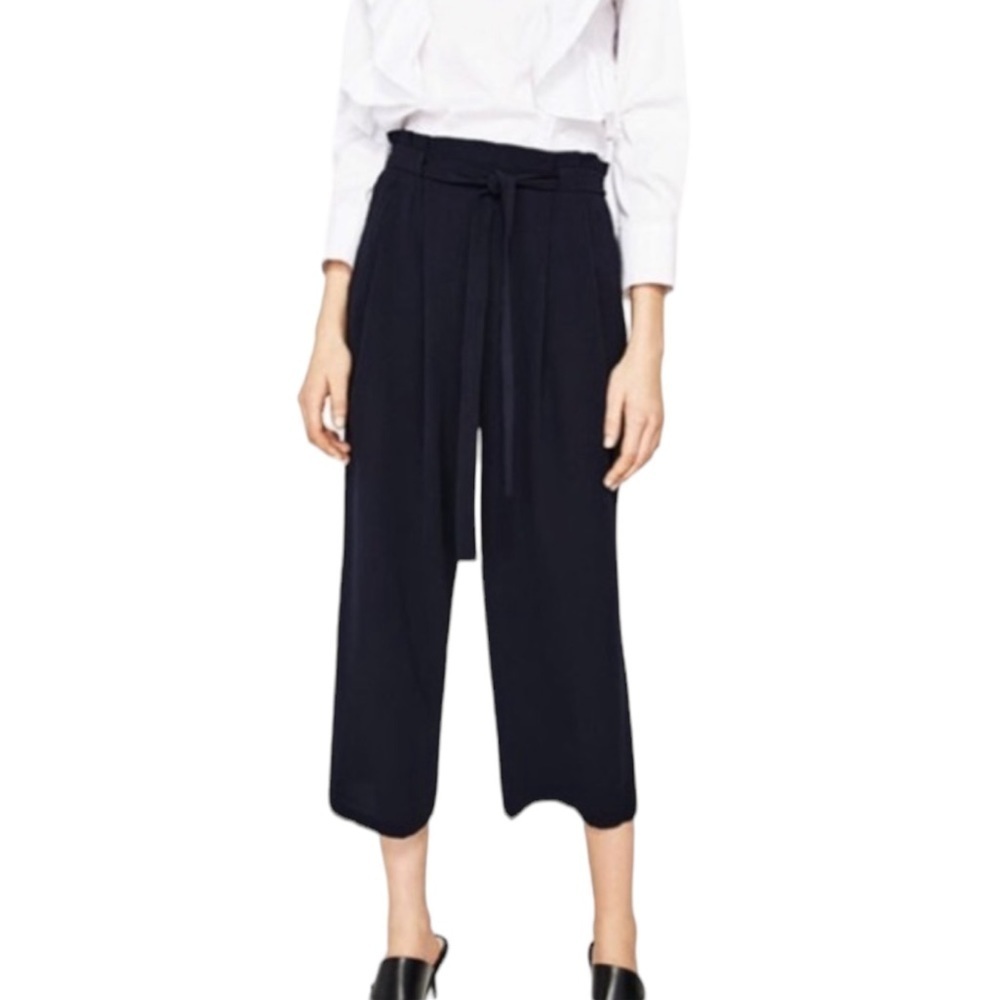 Zara Coulettes Wide Leg Tie Waist Pants Pull On Black Flowy Cropped Size XS
